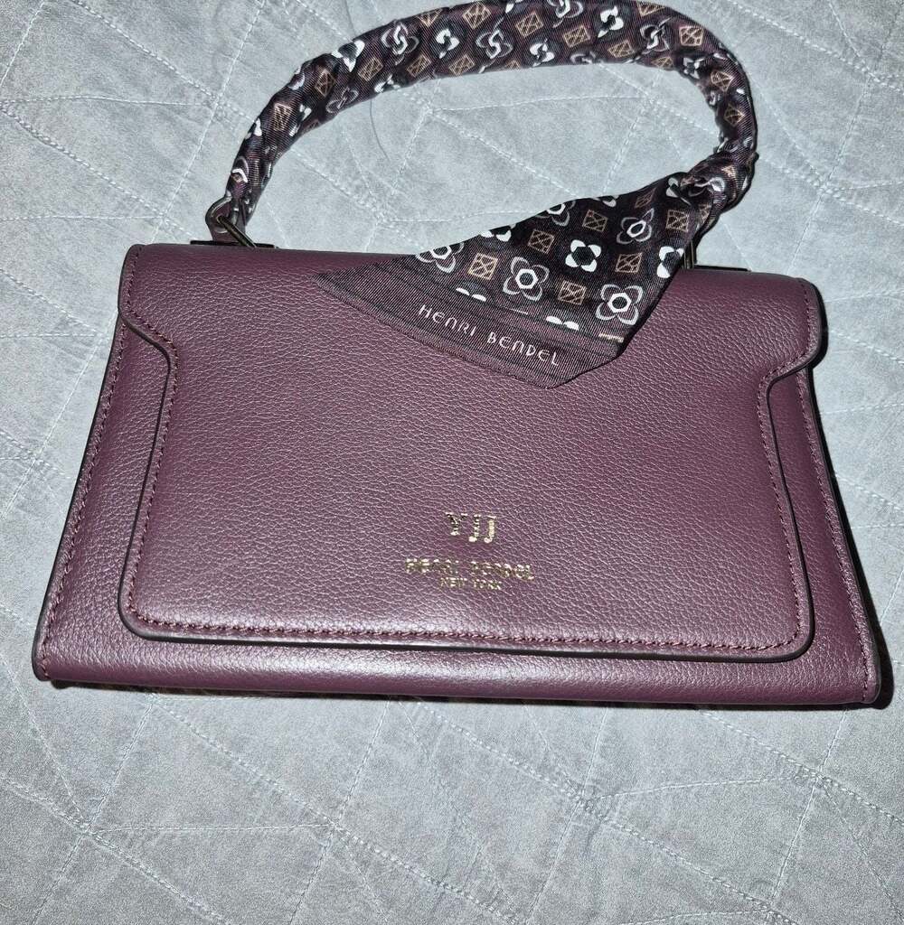 Henri Bendel Plum Leather Crossbody Bag With Patterned Handle Scarf